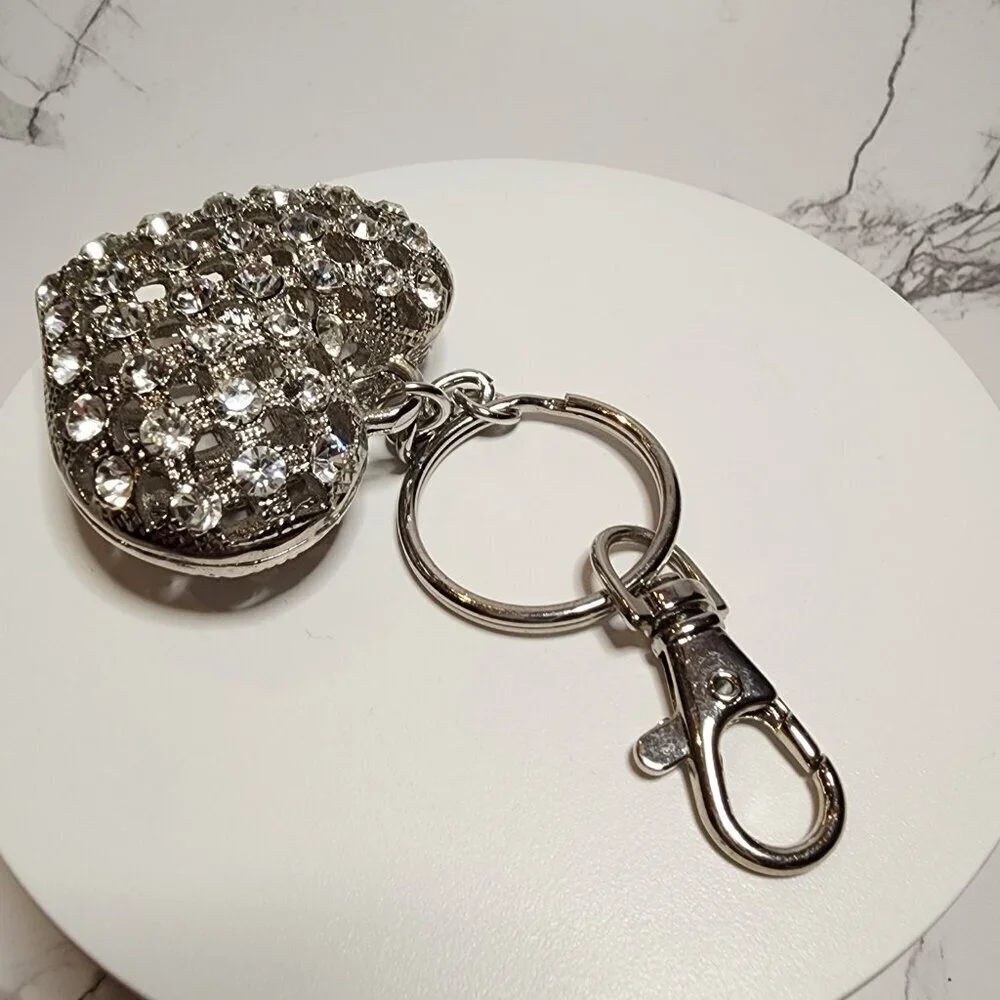 XL Rhinestone Puffy Silver Heart Keychain
